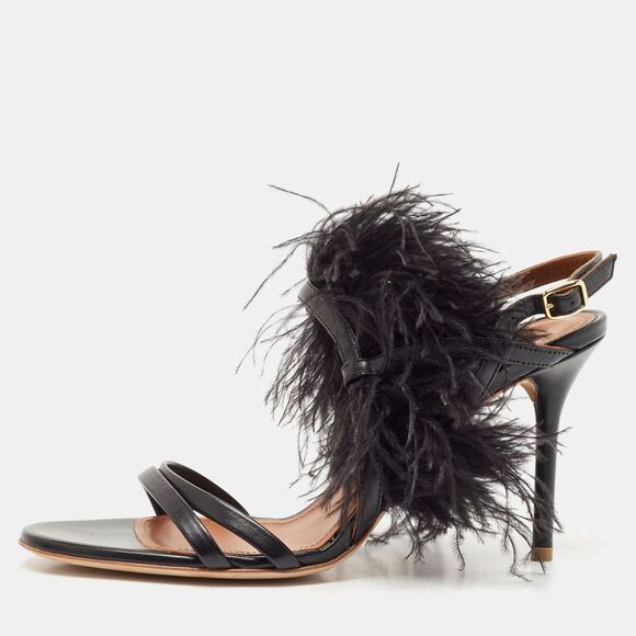 Malone Souliers Black Leather Sonia Feather Slide Sandals Size 37 - Picture 1 of 7